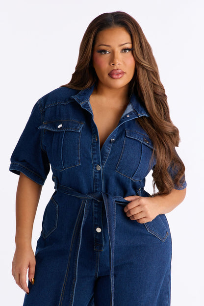Nika Tie Waist Denim Jumpsuit - Dark Wash