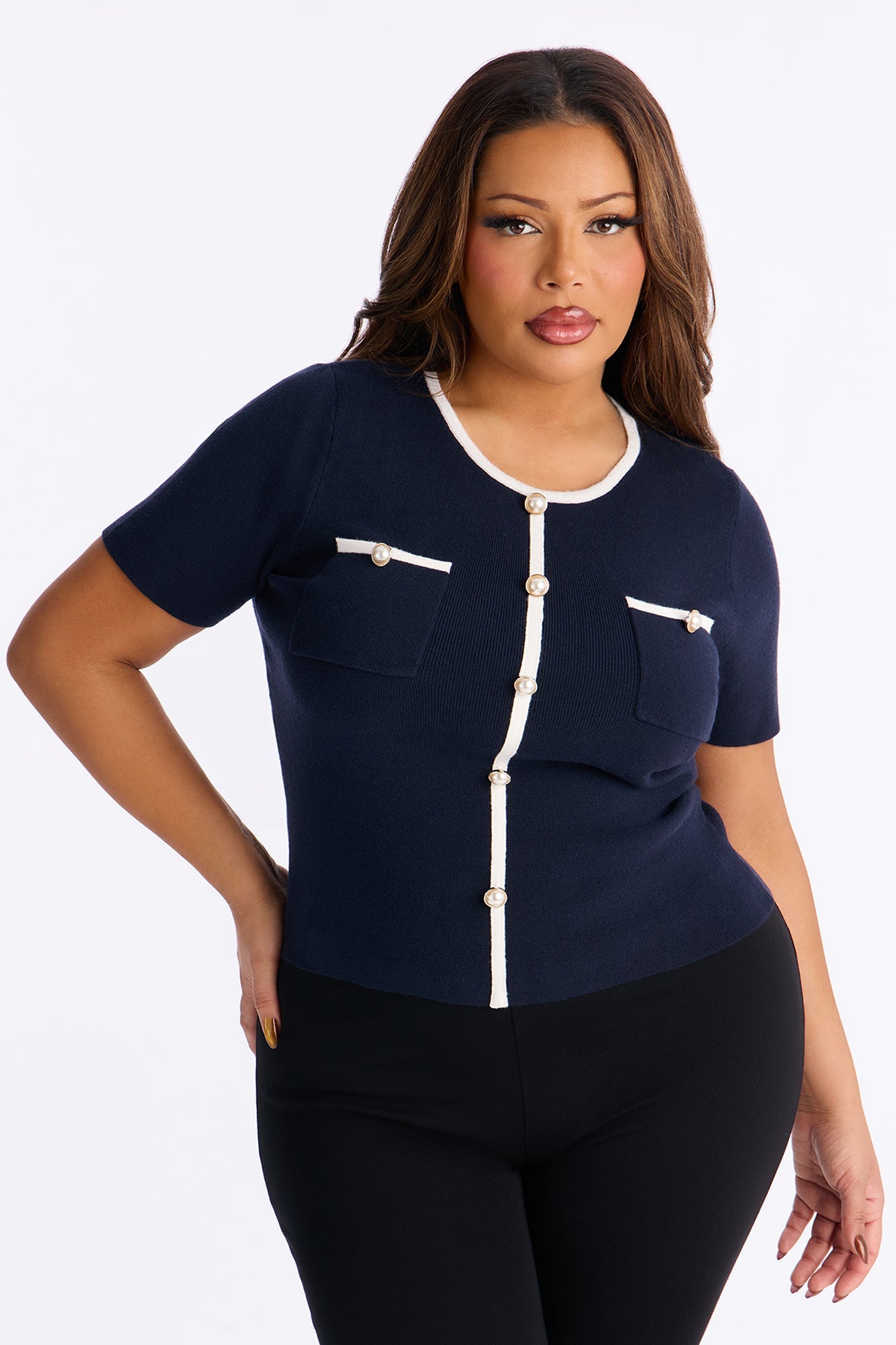 Sofia Short Sleeve Sweater Top - Navy/combo