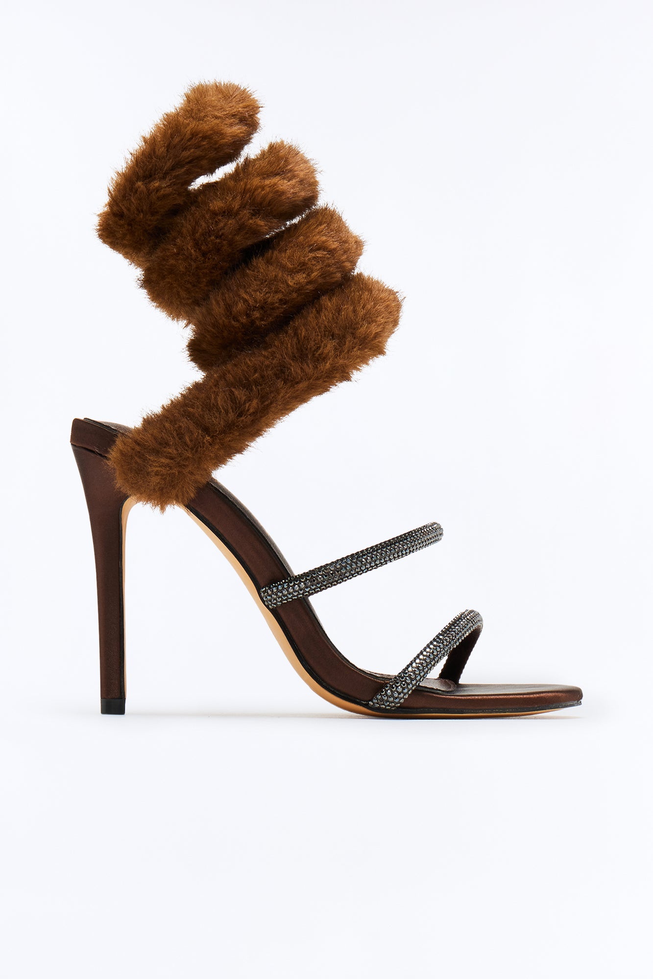 Haughty Faux Fur Wrap Up Heels - Brown
