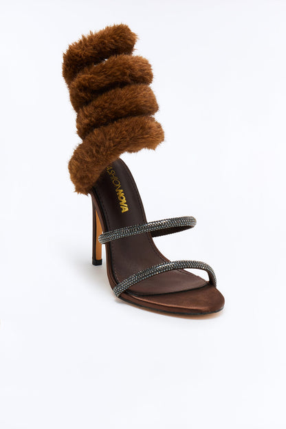 Haughty Faux Fur Wrap Up Heels - Brown