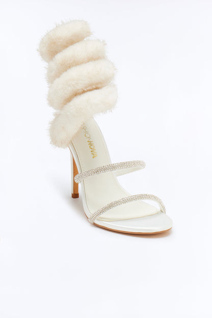 Haughty Faux Fur Wrap Up Heels - Beige
