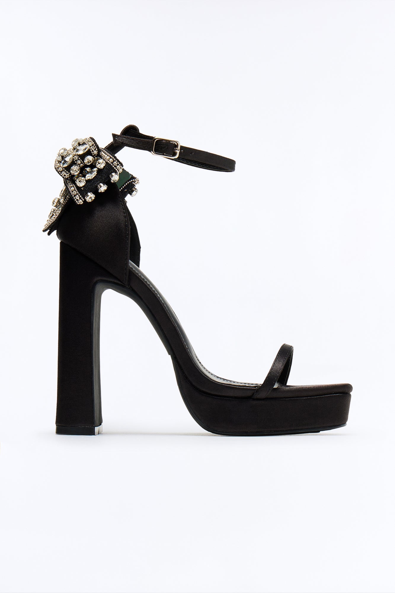 Shreya Rhinestone Bow Satin Heels - Black
