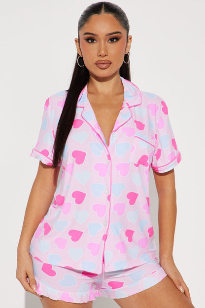 Love You Too PJ Short Set - Pink/combo