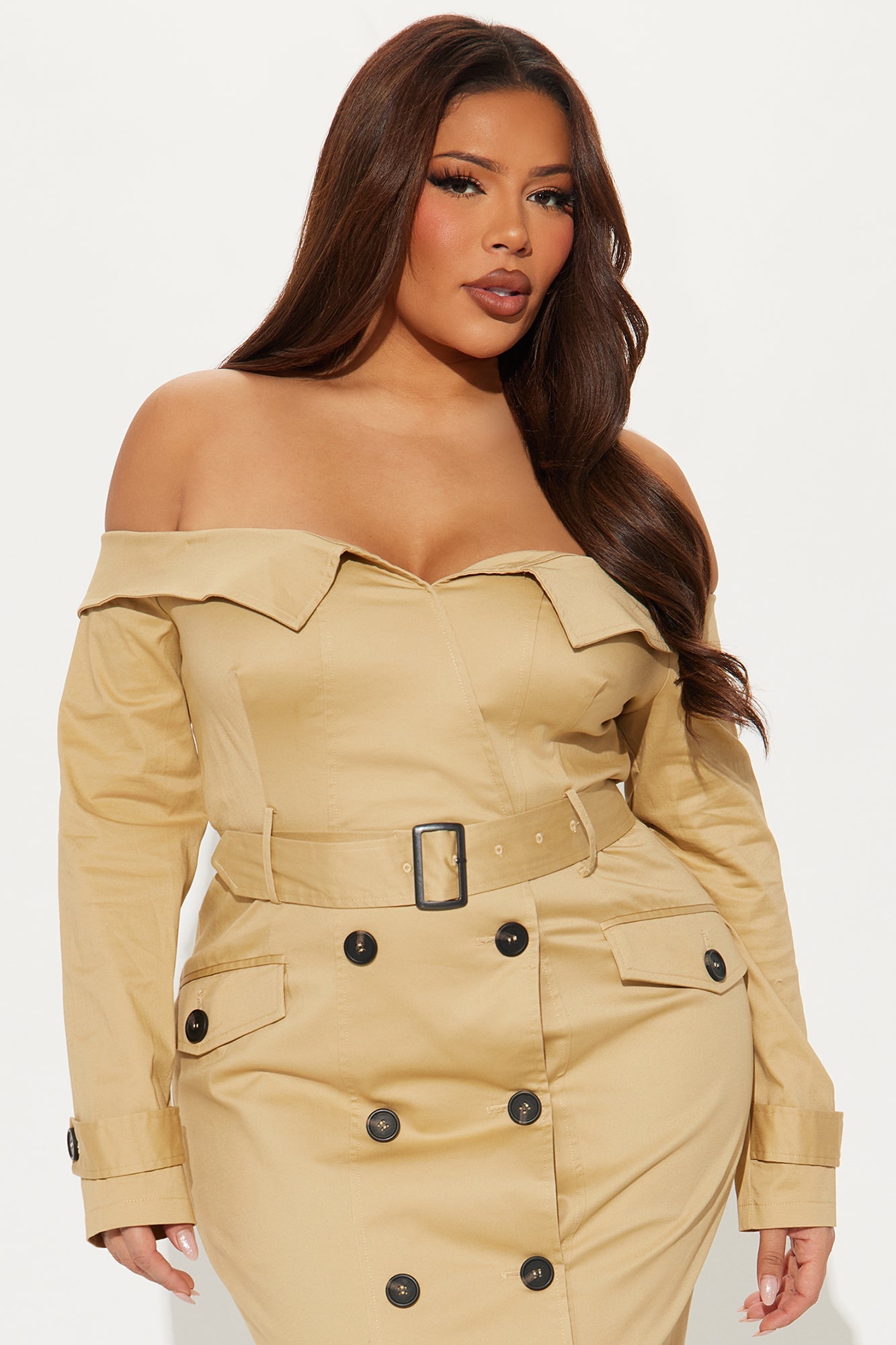 Downtown Diva Belted Trench Coat Midi Dress - Khaki