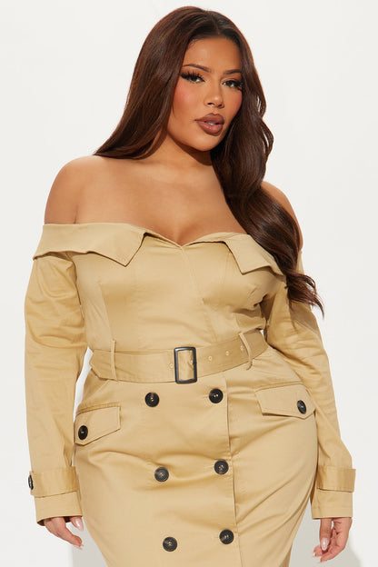 Downtown Diva Belted Trench Coat Midi Dress - Khaki