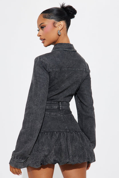 Southern Charm Stretch Denim Bubble Mini Dress - Black Wash