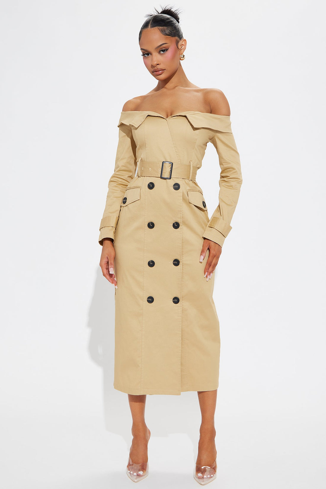 Downtown Diva Belted Trench Coat Midi Dress - Khaki