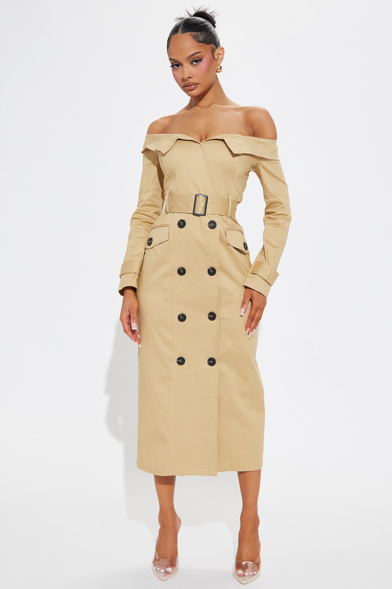 Downtown Diva Belted Trench Coat Midi Dress - Khaki