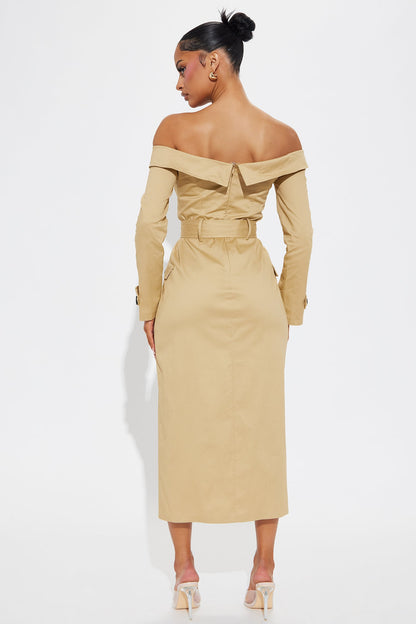 Downtown Diva Belted Trench Coat Midi Dress - Khaki