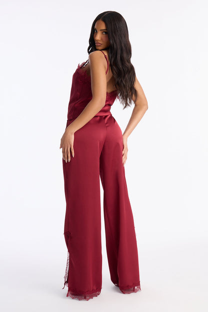 Araiza Satin Lace Trim Pant Set - Burgundy