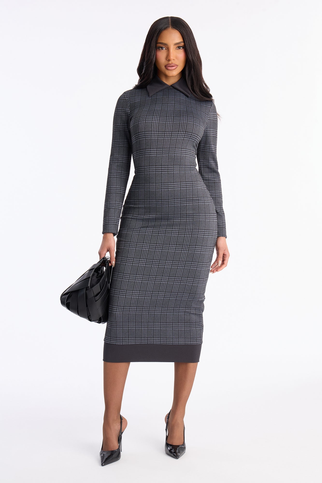 Tori Collar Houndstooth Midi Dress - Grey