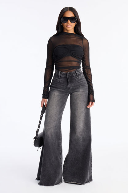 Take It Back Fray Hem Wide Leg Jeans - Black Wash