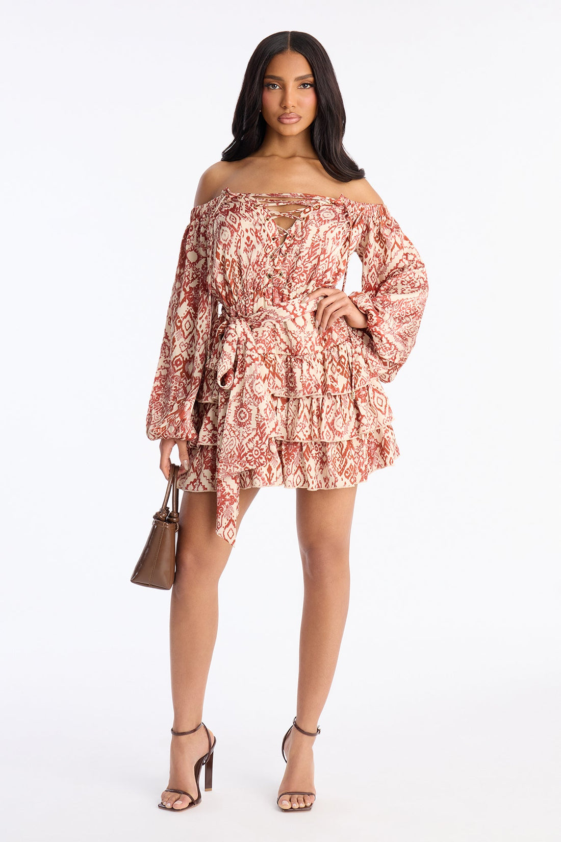 Cleo Off Shoulder Satin Mini Dress - Rust/combo
