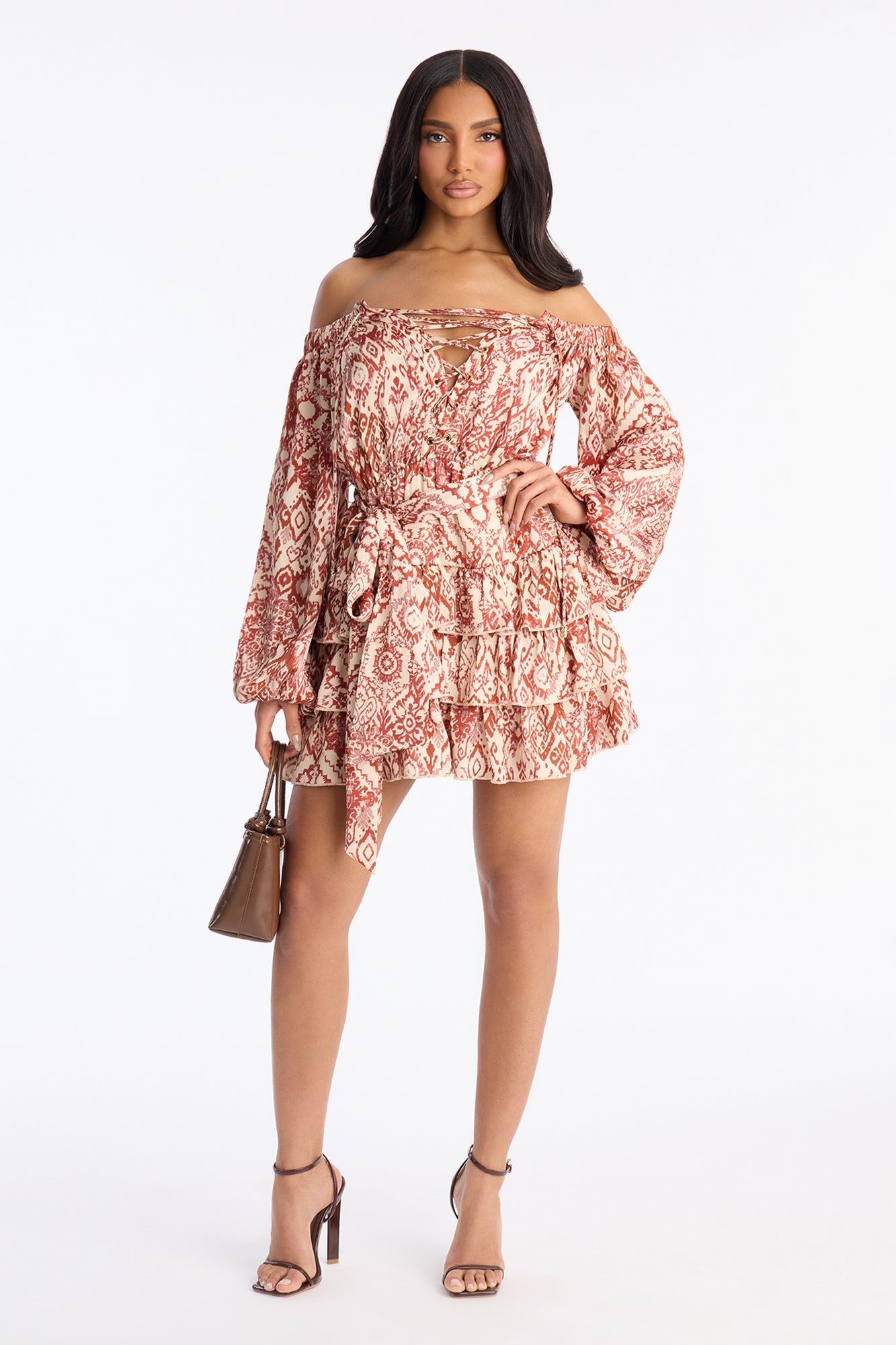 Cleo Off Shoulder Satin Mini Dress - Rust/combo