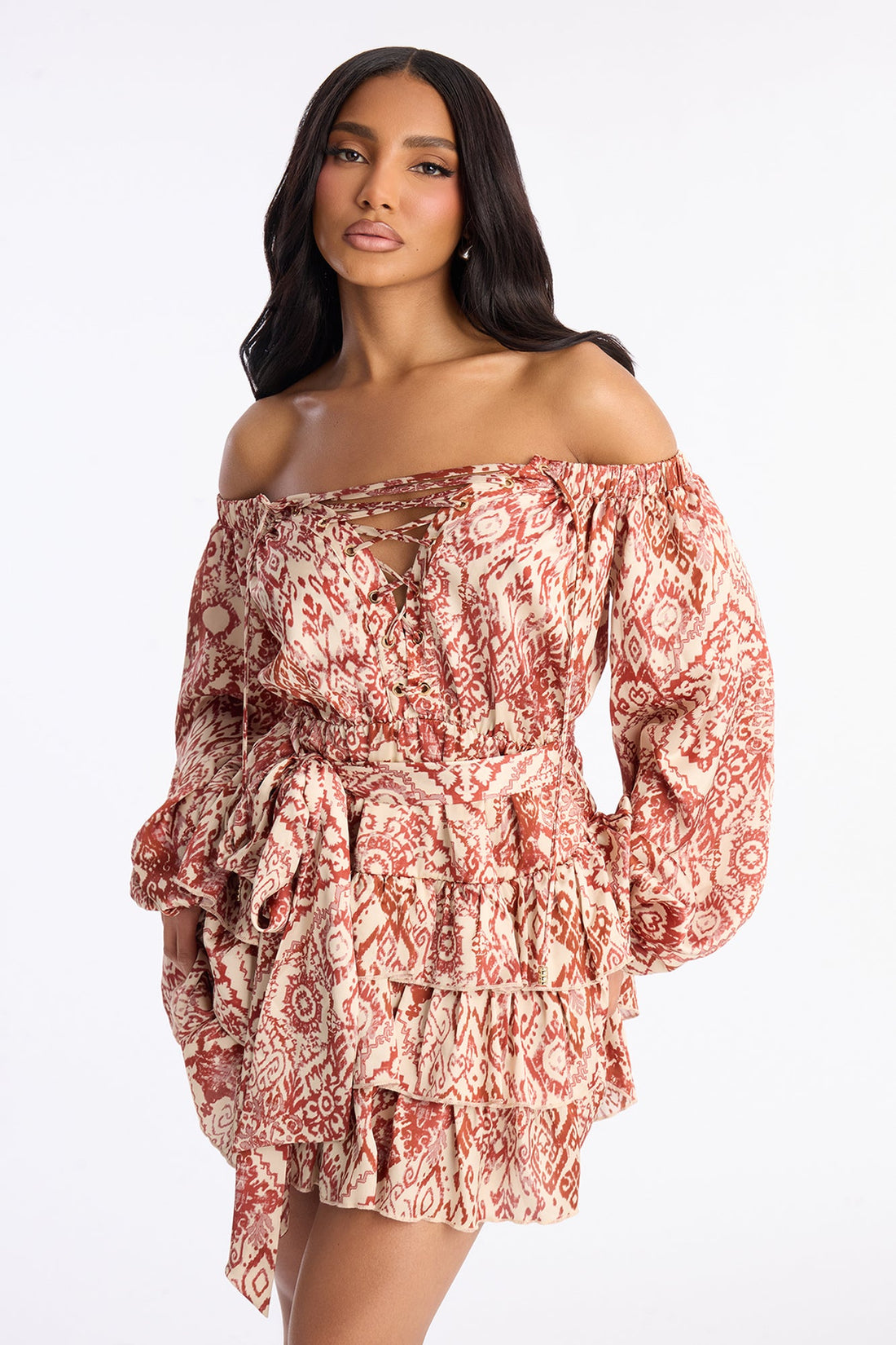 Cleo Off Shoulder Satin Mini Dress - Rust/combo