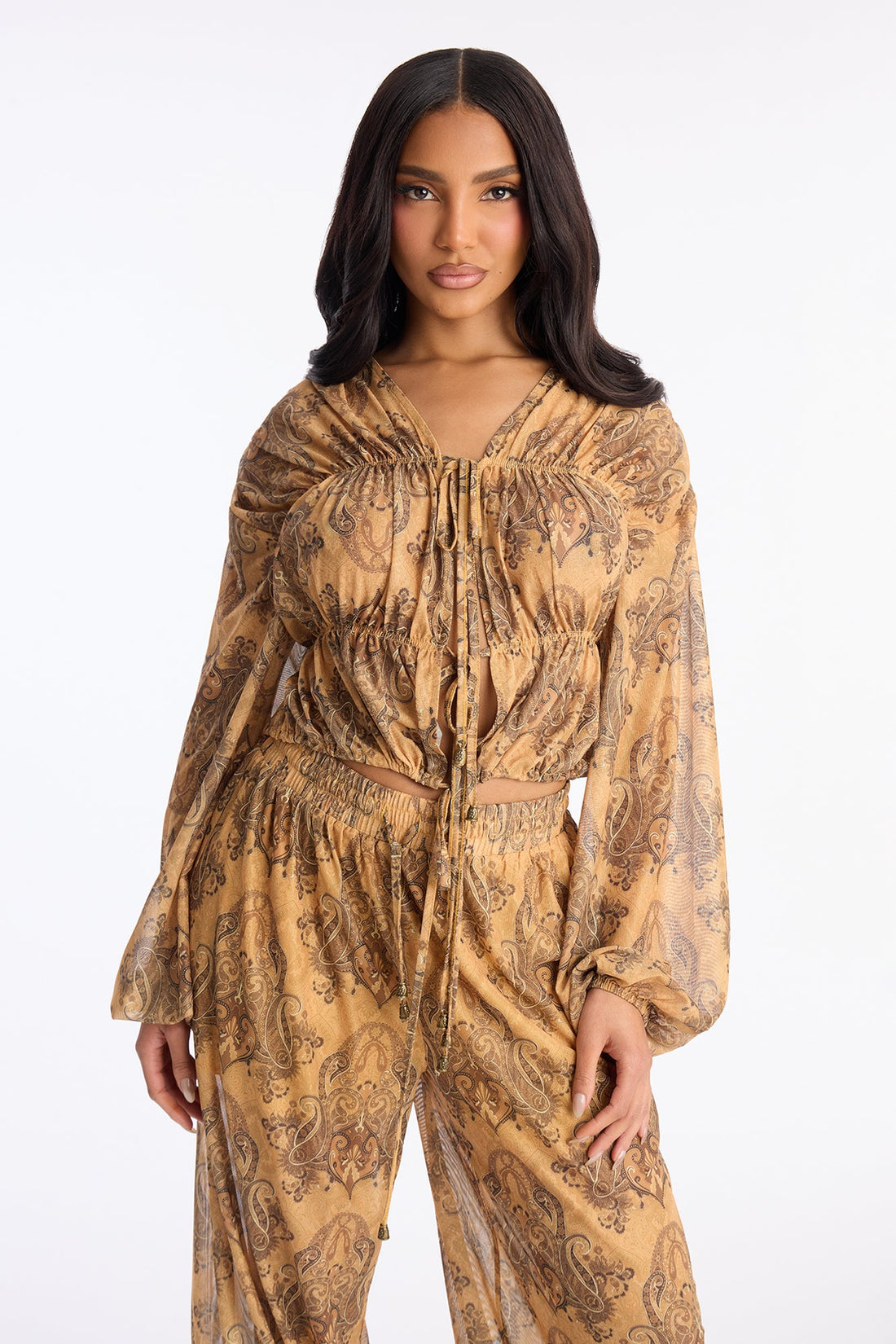 Petra Paisley Mesh Pant Set - Mustard