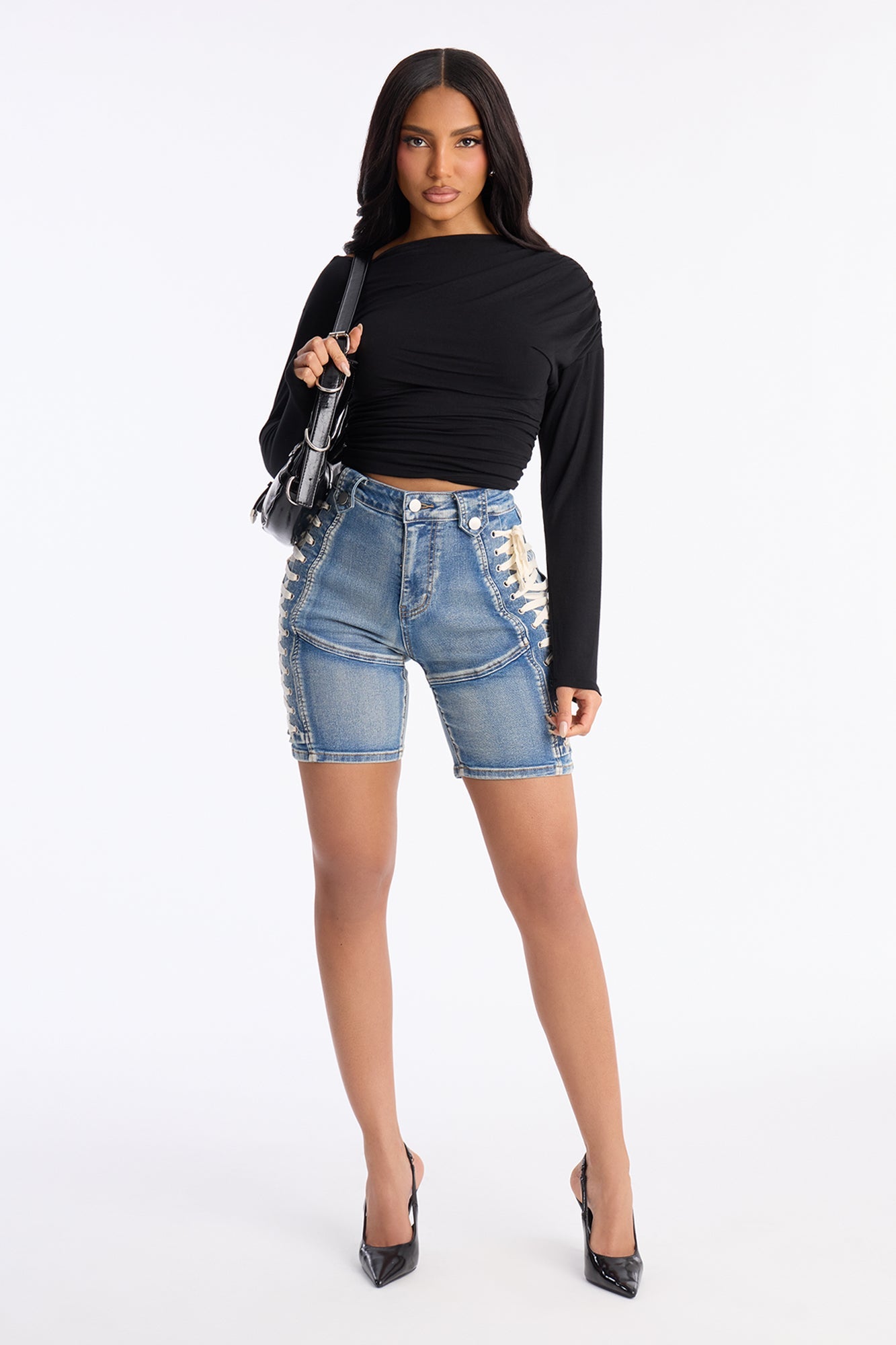 Jaw Dropper Stretch Lace Up Denim Bermuda Shorts - Medium Wash