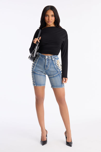 Jaw Dropper Stretch Lace Up Denim Bermuda Shorts - Medium Wash