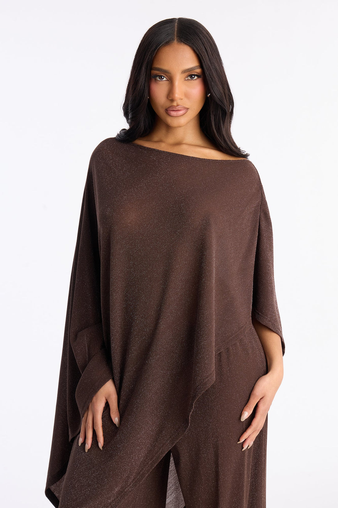 Yareli Metallic Mesh Cape Pant Set - Chocolate