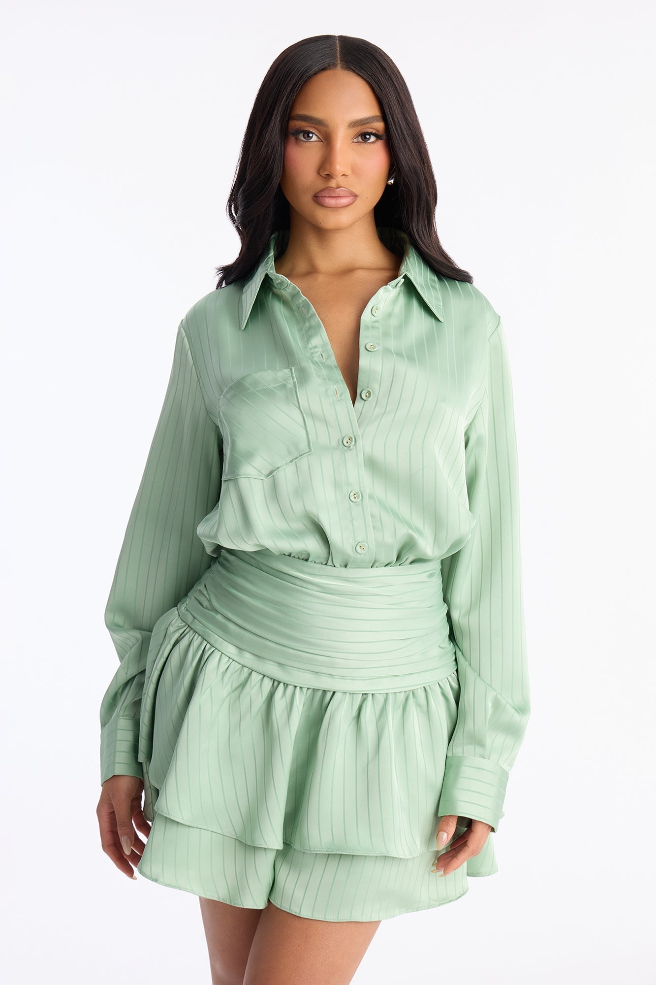 Aylin Collar Long Sleeve Mini Dress - Sage