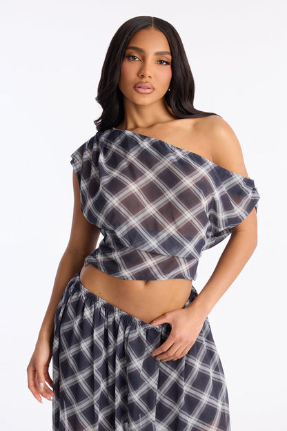 Mina Plaid Chiffon Balloon Pant Set - Navy/combo