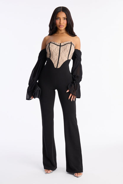 Janelle Lace Trim Flare Leg Jumpsuit - Black