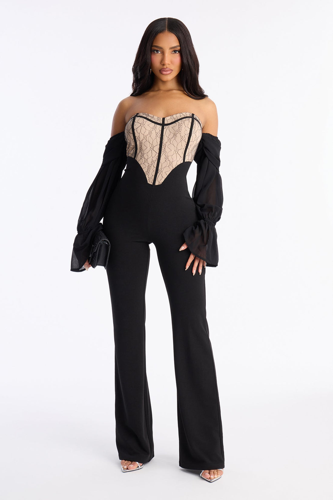 Janelle Lace Trim Flare Leg Jumpsuit - Black