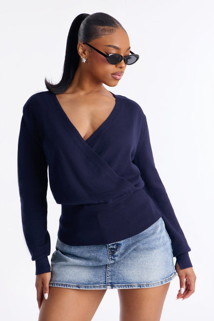 Amelia Shoulder Pads Surplice Sweater Top - Navy