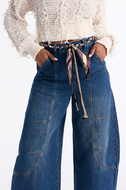 Euro Trip Belted Barrel Leg Jeans - Dark Wash