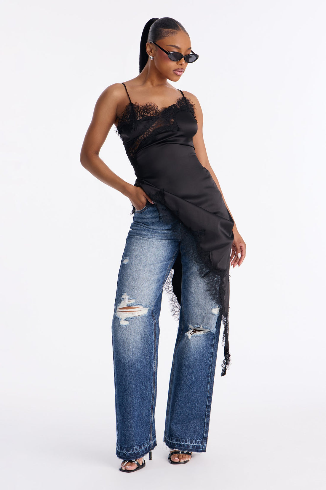Inyo Non Stretch Ripped Straight Leg Jeans - Dark Wash
