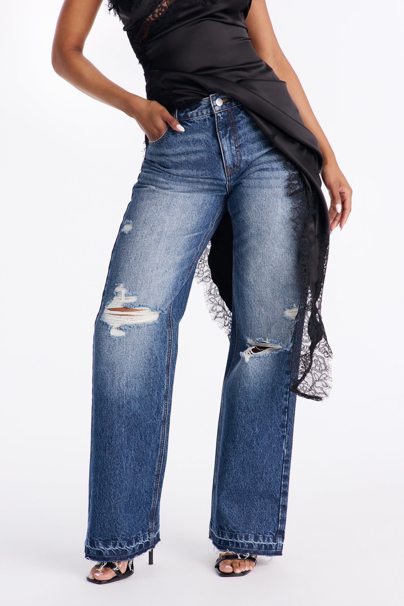 Inyo Non Stretch Ripped Straight Leg Jeans - Dark Wash