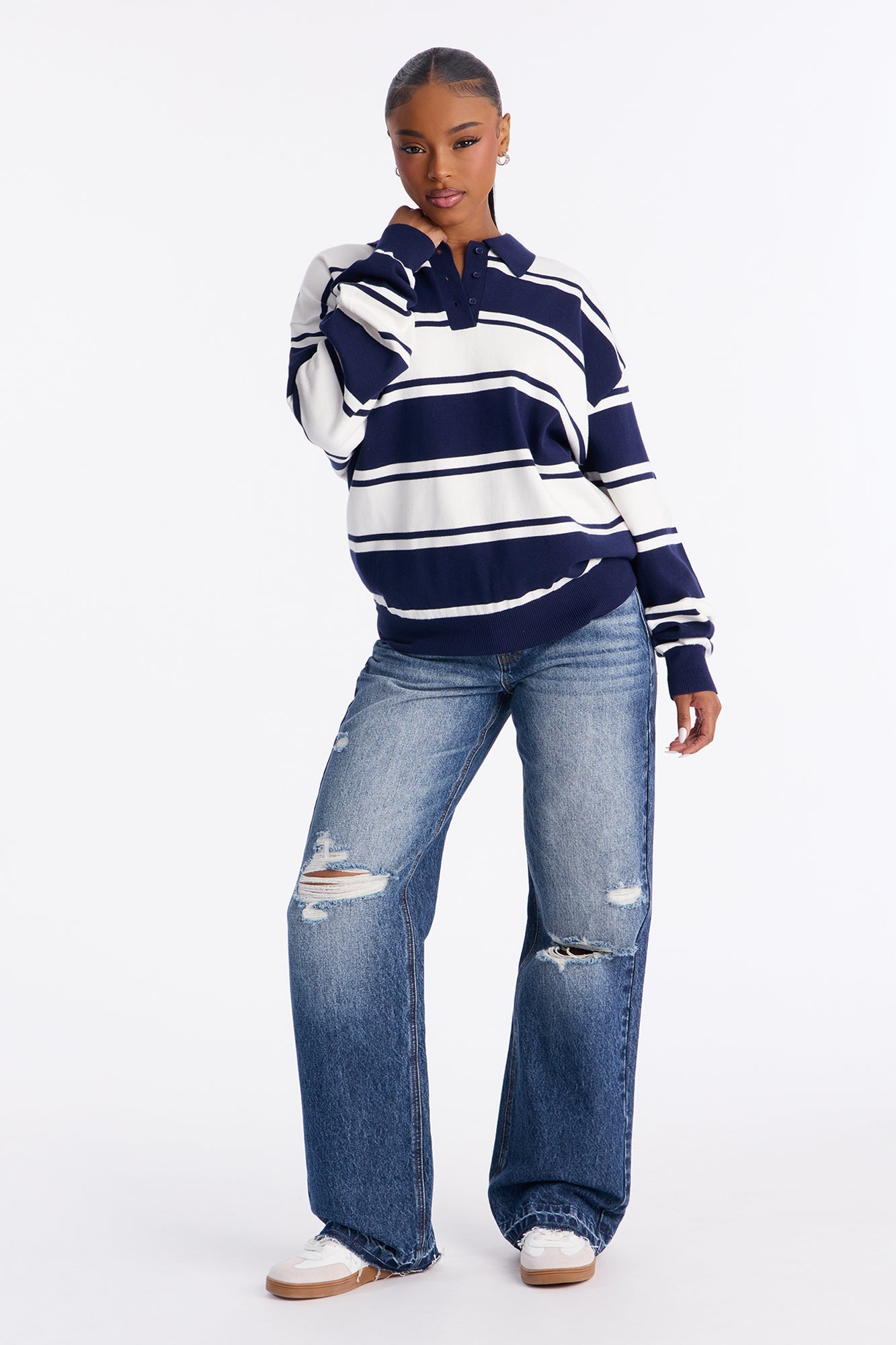 West Coast Striped Rugby Polo Sweater - Navy/combo