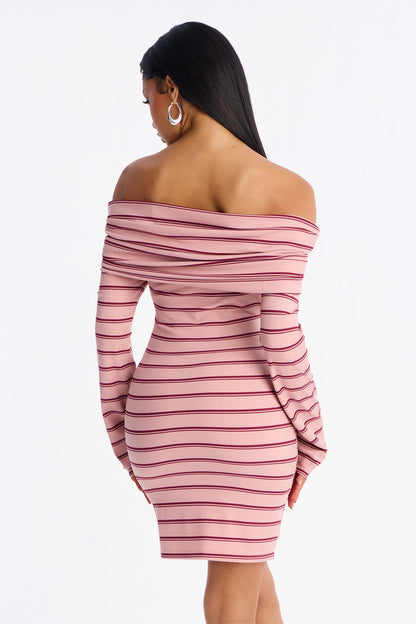 Britta Long Sleeve Ribbed Mini Dress - Mauve/combo