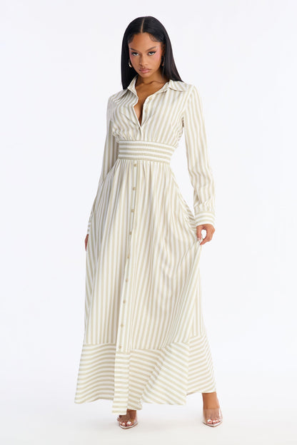 Alison Striped Maxi Shirt Dress - Khaki/combo