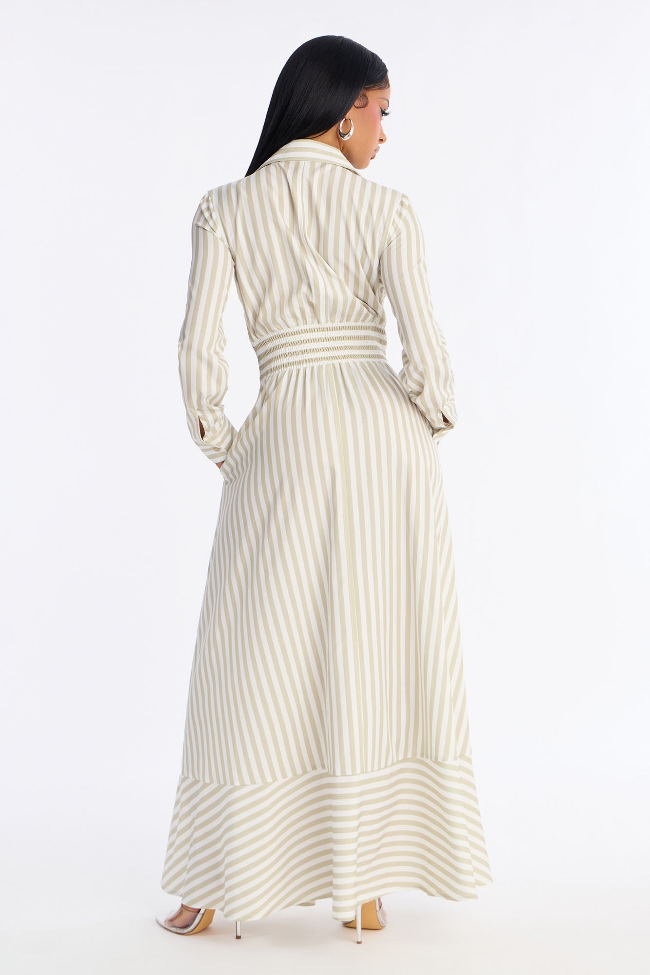 Alison Striped Maxi Shirt Dress - Khaki/combo