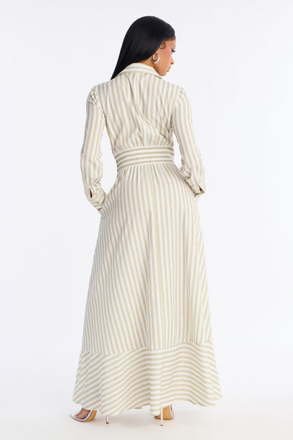 Alison Striped Maxi Shirt Dress - Khaki/combo