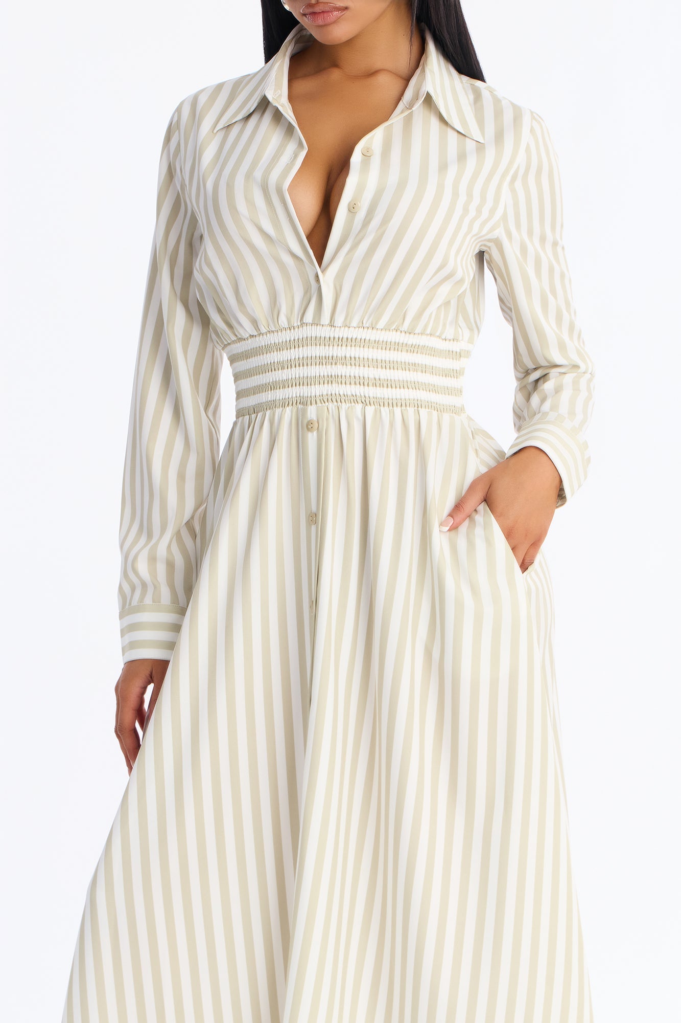 Alison Striped Maxi Shirt Dress - Khaki/combo