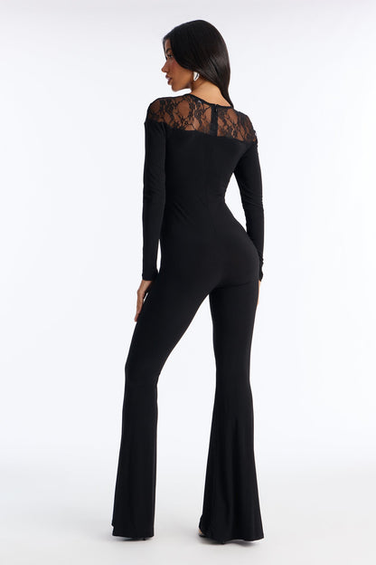 Rosana Lace Trim Flare Leg Jumpsuit - Black