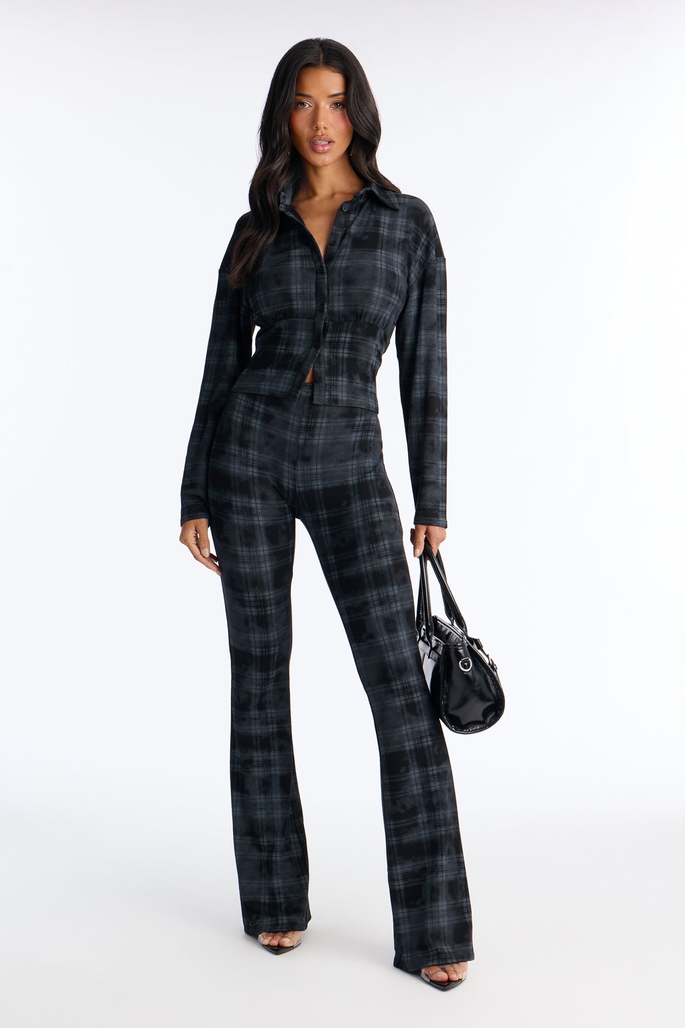 Roxana Plaid Flare Pant Set - Black/combo