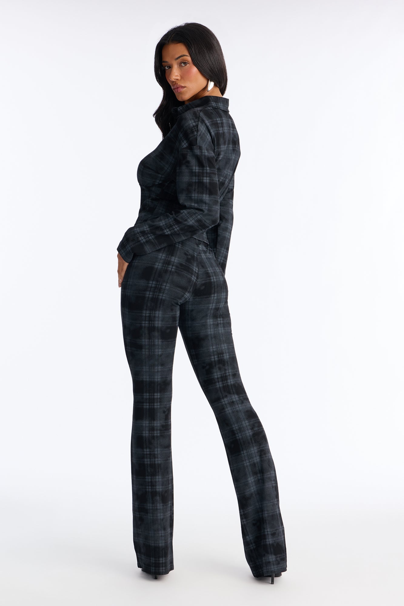 Roxana Plaid Flare Pant Set - Black/combo