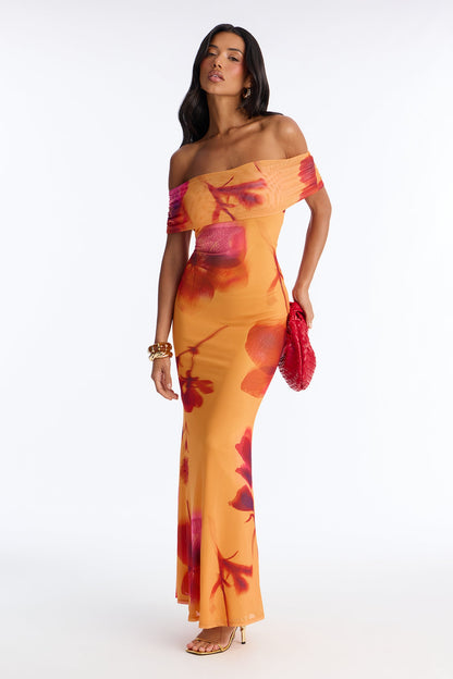 Emilee Off Shoulder Mesh Maxi Dress - Orange/combo