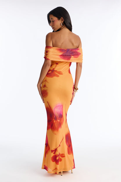 Emilee Off Shoulder Mesh Maxi Dress - Orange/combo