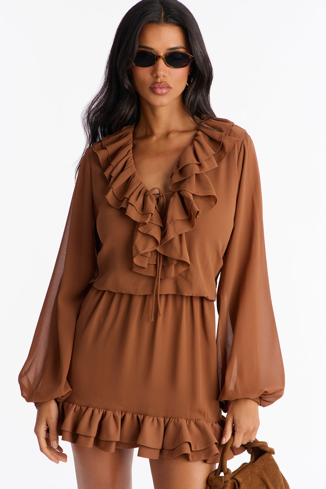 Summer Daze Ruffle Chiffon Mini Dress - Mocha