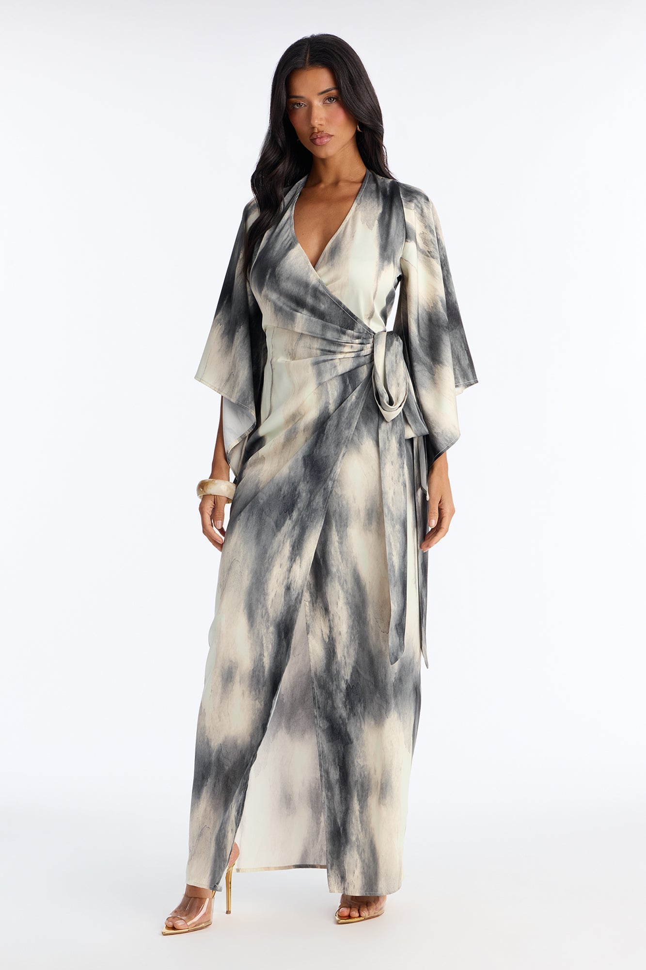 Ramona Tie Waist Satin Maxi Dress - Charcoal/combo