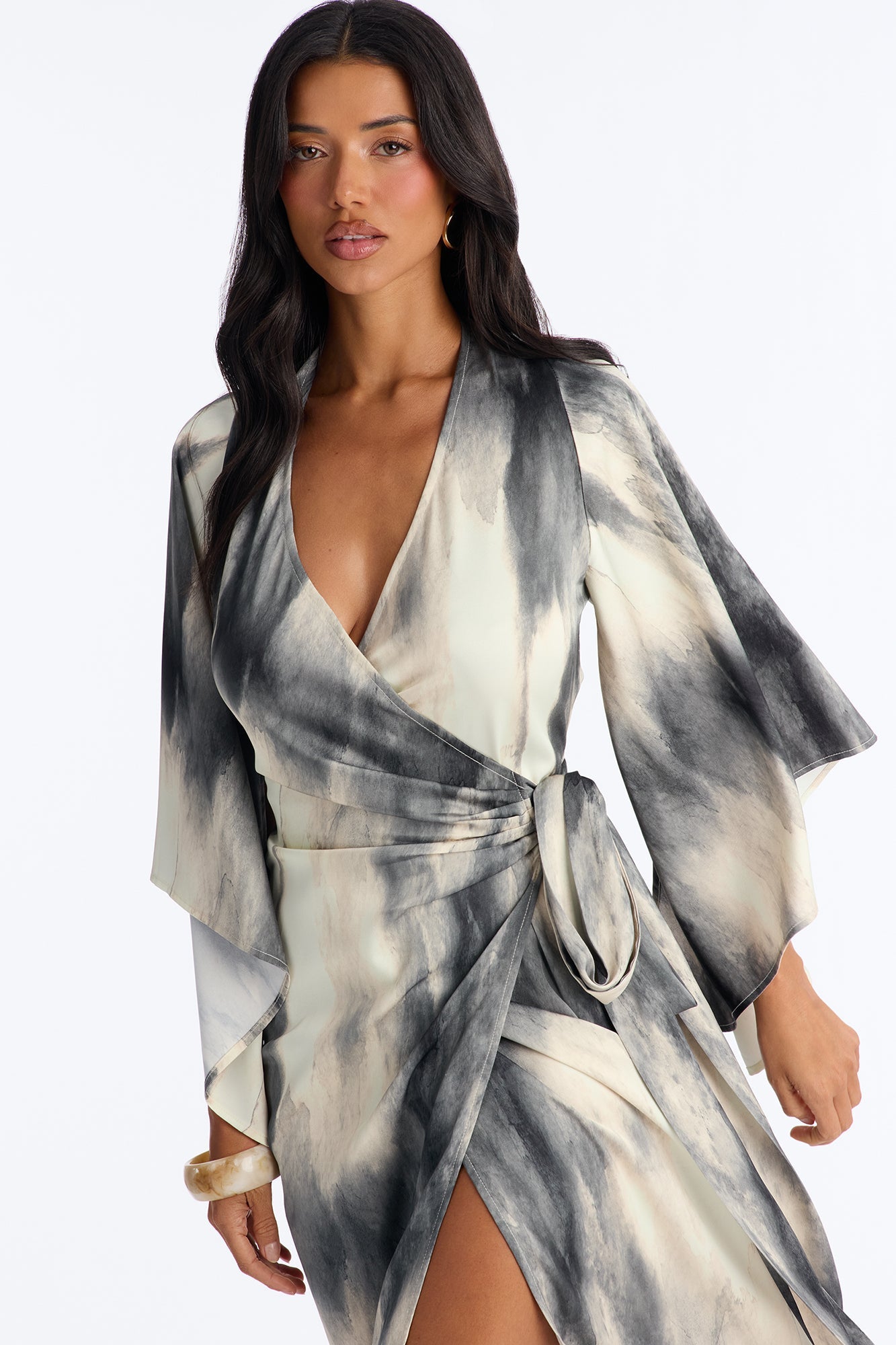 Ramona Tie Waist Satin Maxi Dress - Charcoal/combo