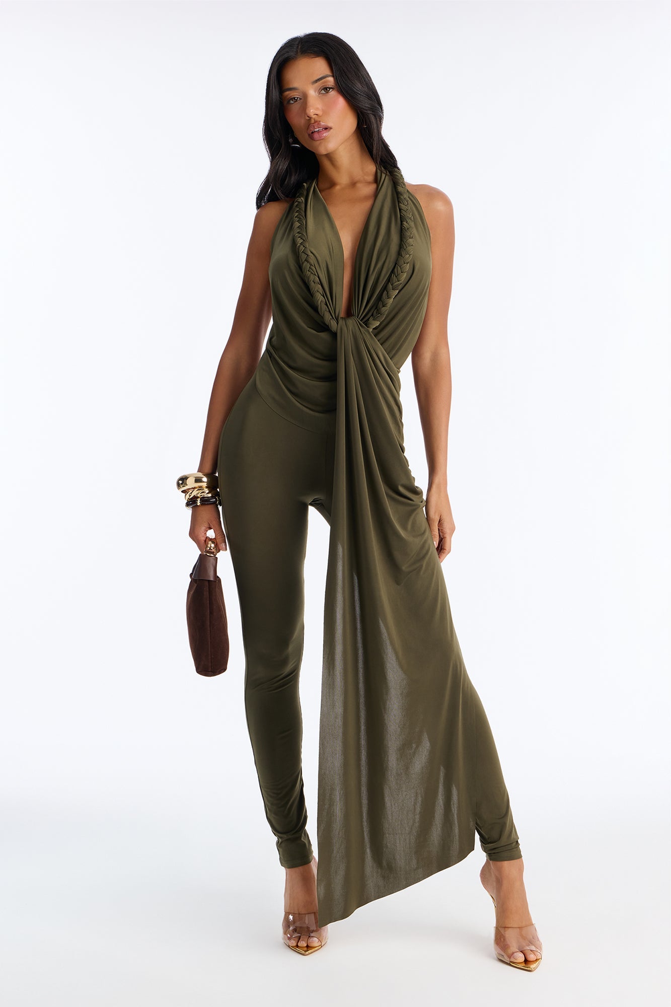 Lara Backless Draped Catsuit - Green