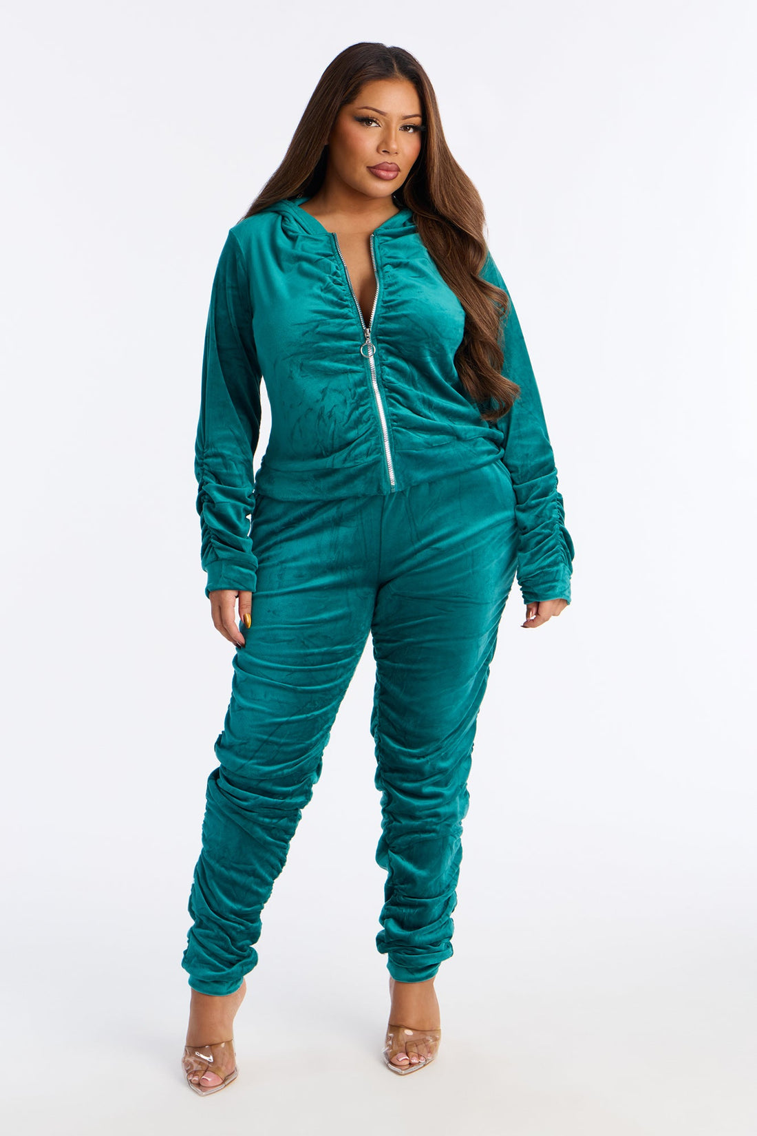 Soft Girl Energy Ruched Velour Jogger Set - Hunter Green
