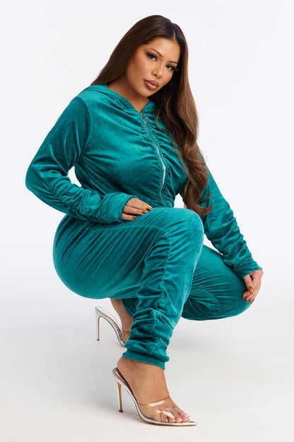Soft Girl Energy Ruched Velour Jogger Set - Hunter Green