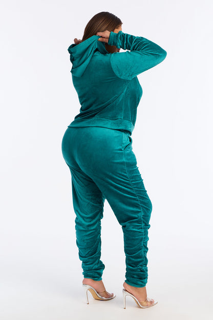 Soft Girl Energy Ruched Velour Jogger Set - Hunter Green