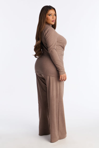 Rosie Brushed Knit High Neck Pant Set - Brown